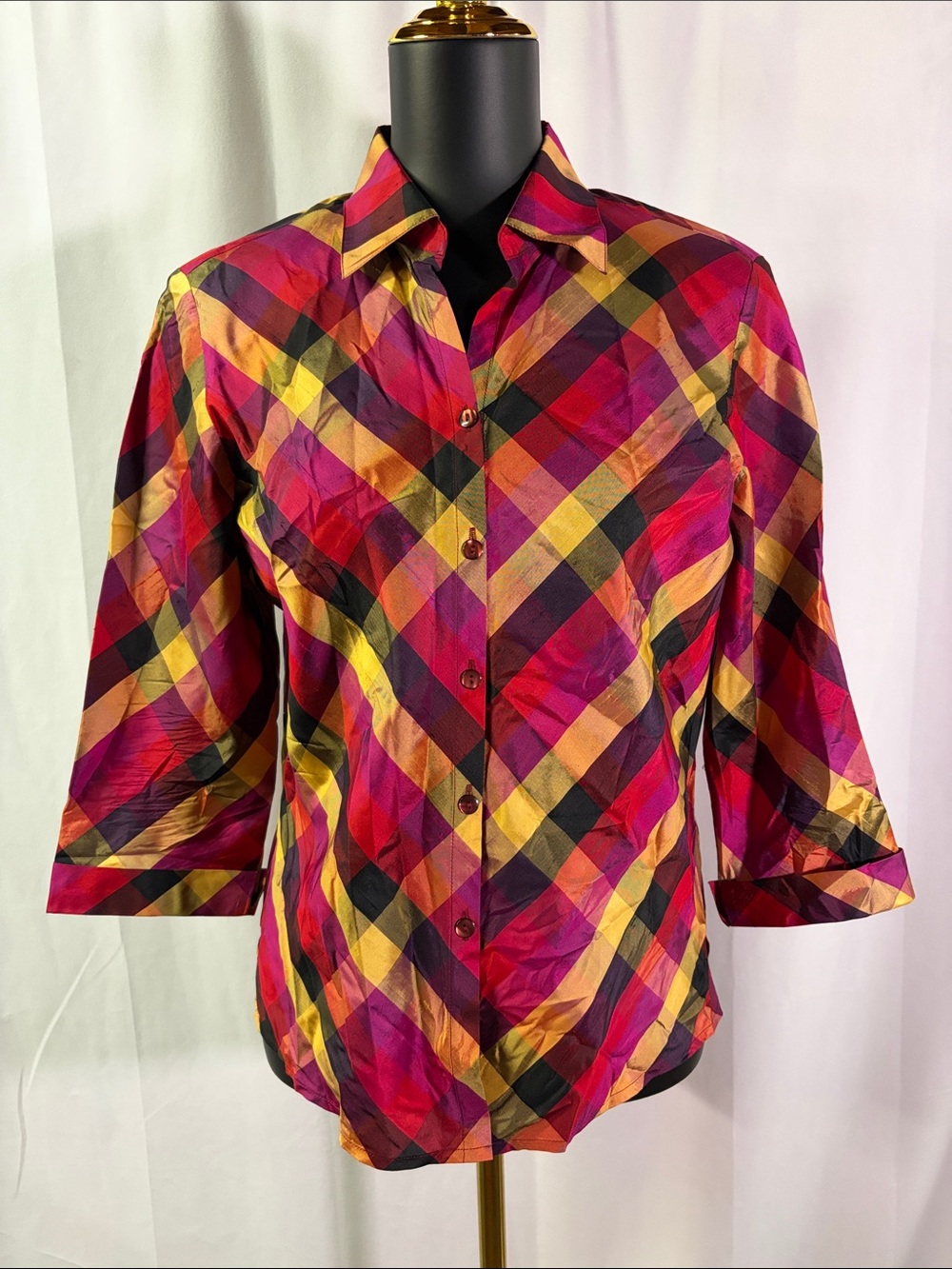 Vintage Anna and Frank Multicolor Plaid 3/4 Sleeve Silk Button Down Shirt
